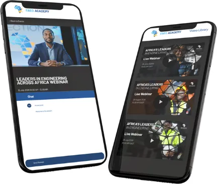 La plateforme FAEO Academy sur deux téléphones : une session de webinaire en direct et le fil d'accueil mobile